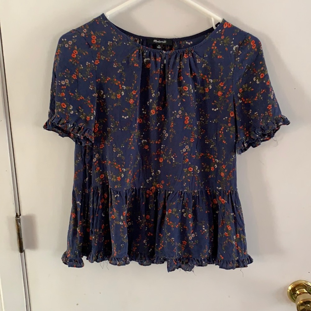 Last chance! Madewell Stanza silk navy floral ruffled blouse